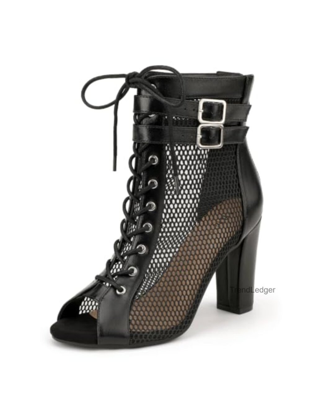 Mesh Peep Toe Lace Up Block Heel Sandals